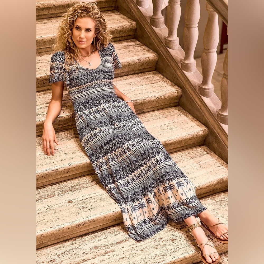 Navy and Cream Smocked TOP MAXI DRESS BY TRIBAL